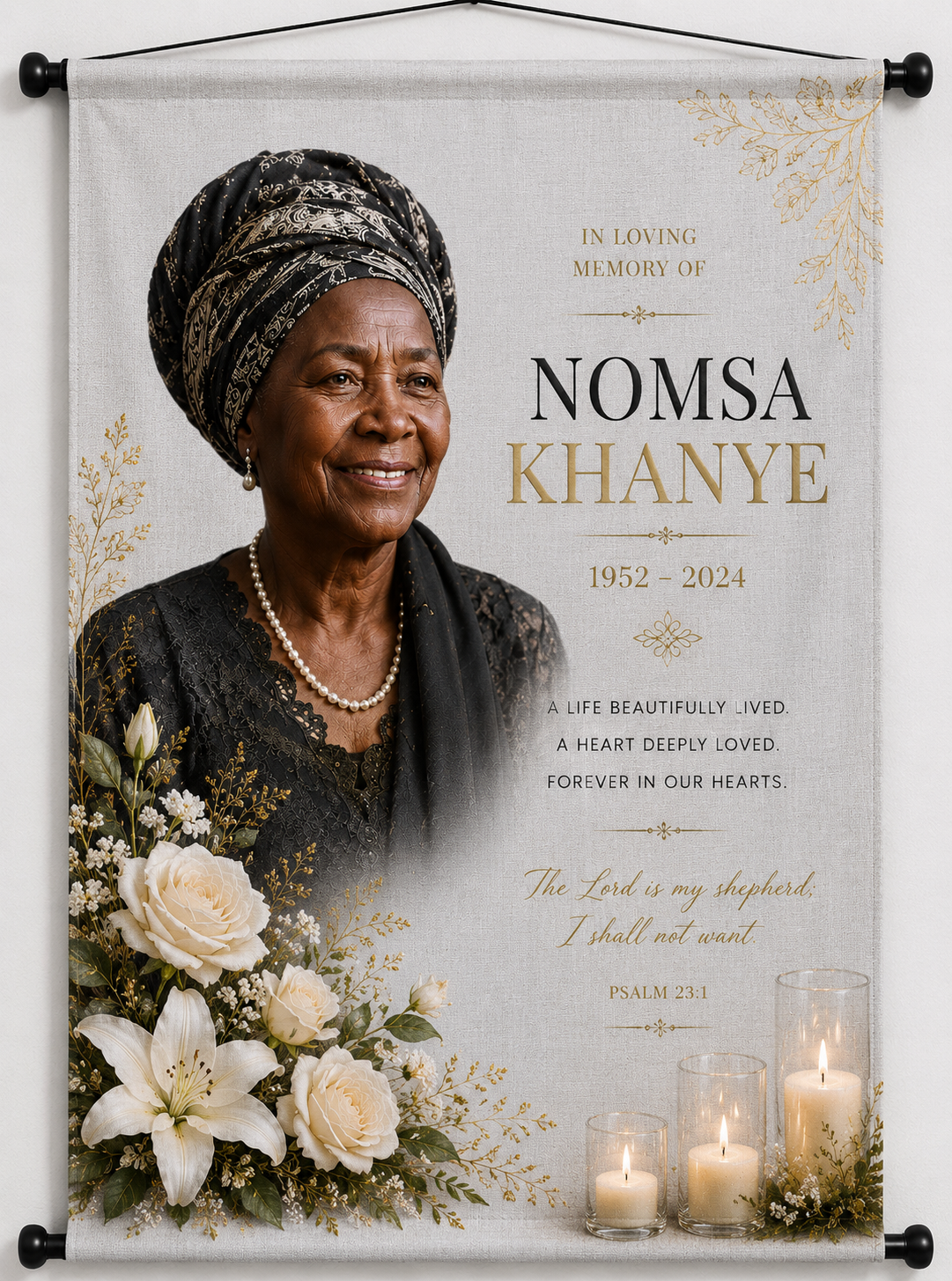 Black and gold memorial textile scroll with portrait, florals and candlelight