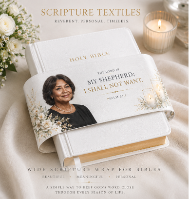 Scripture textile wrap with Psalm wording on a Bible